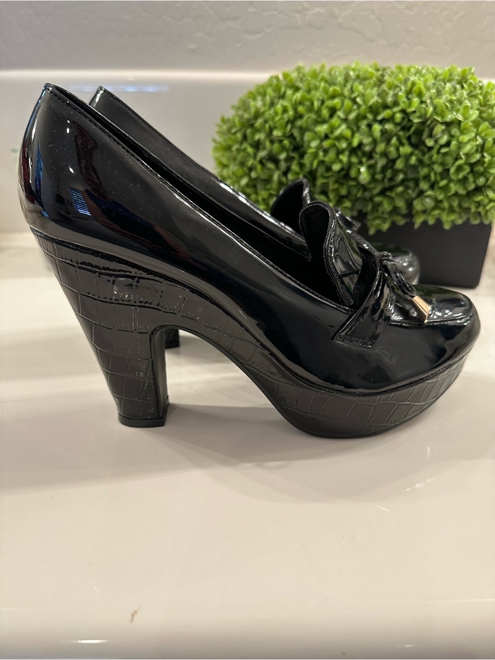 Black Patent Platform Loafer Pumps - Women